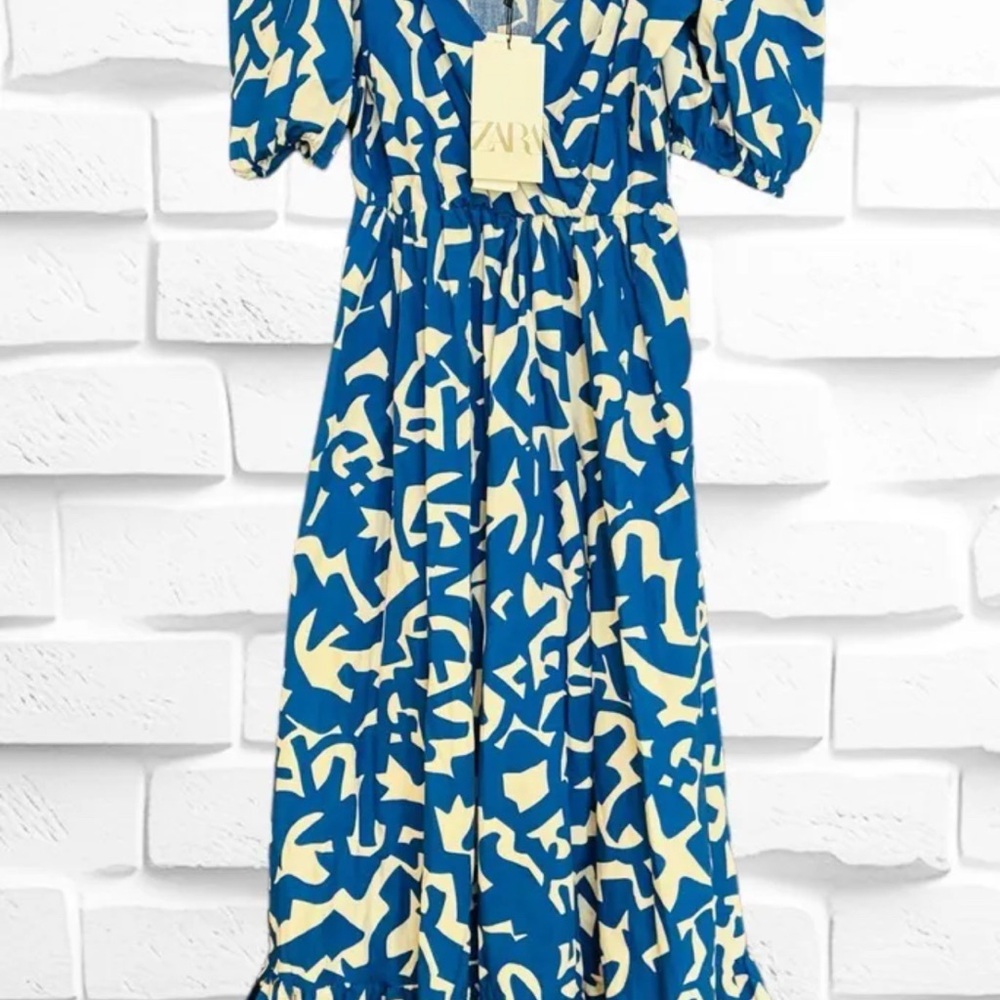 Zara Abstract Blue and Cream Dress